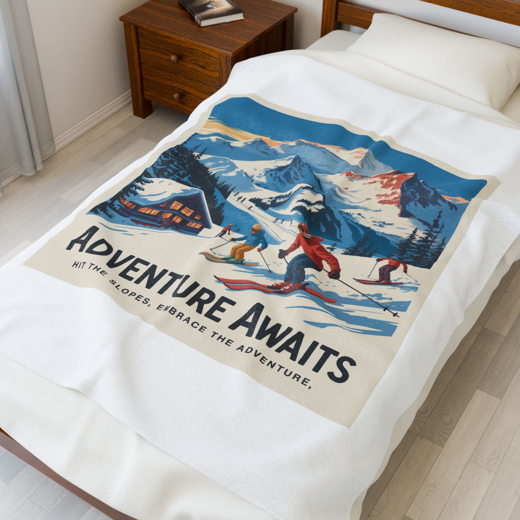 Adventure Awaits Ski Scene Velveteen Plush Blanket | Retro Mountain Skiing Throw