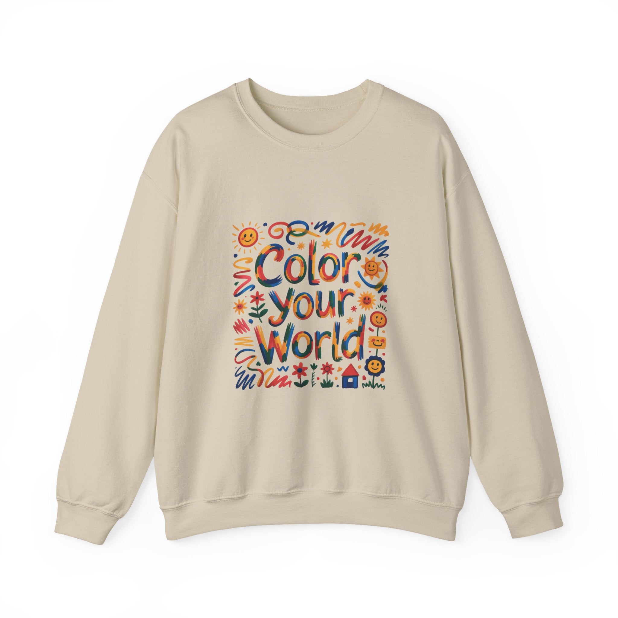 Color Your World sweatshirt | colorful doodles, sunflowers, playful typography