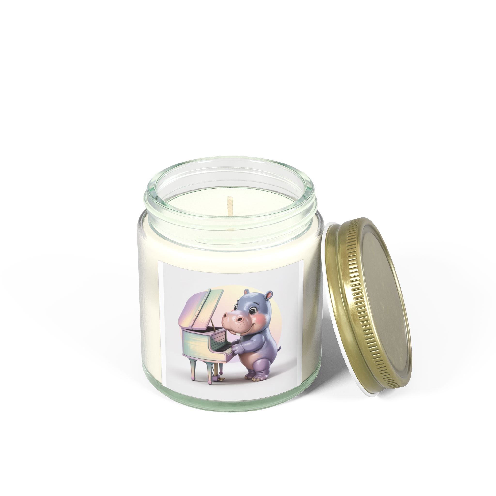 Coconut Apricot Scented Candle — Cute Hippo at Piano (4oz/9oz)