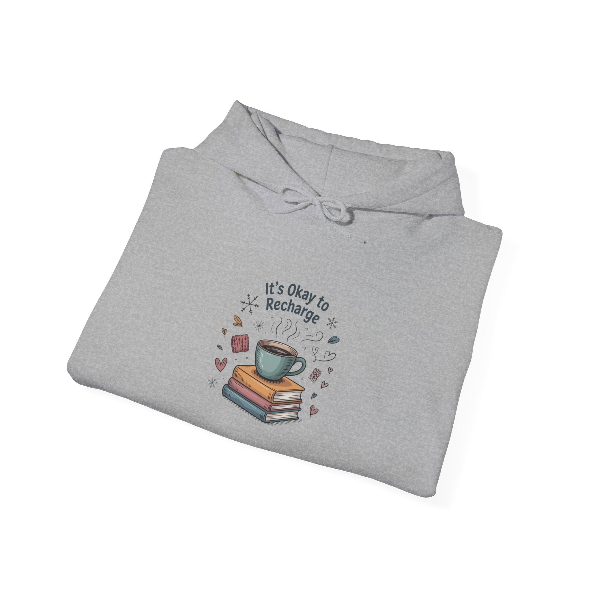 Cozy Reading Hoodie – “It’s Okay to Recharge” Coffee & Books Sweatshirt