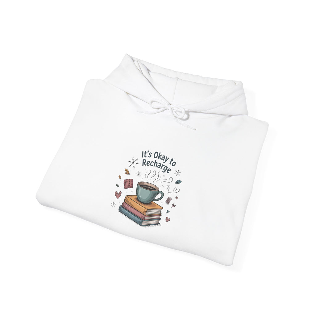 Cozy Reading Hoodie – “It’s Okay to Recharge” Coffee & Books Sweatshirt