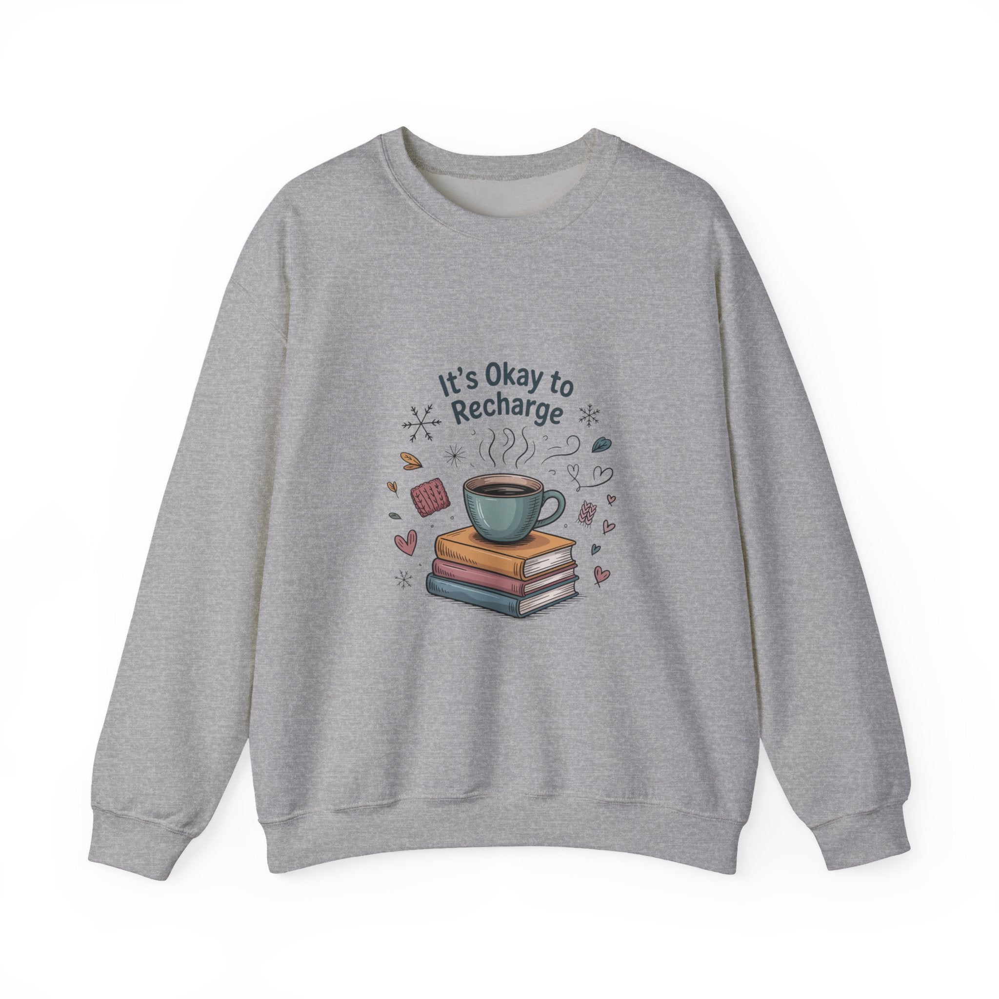 Crewneck Sweatshirt — "It’s Okay to Recharge" Cozy Book & Coffee Graphic