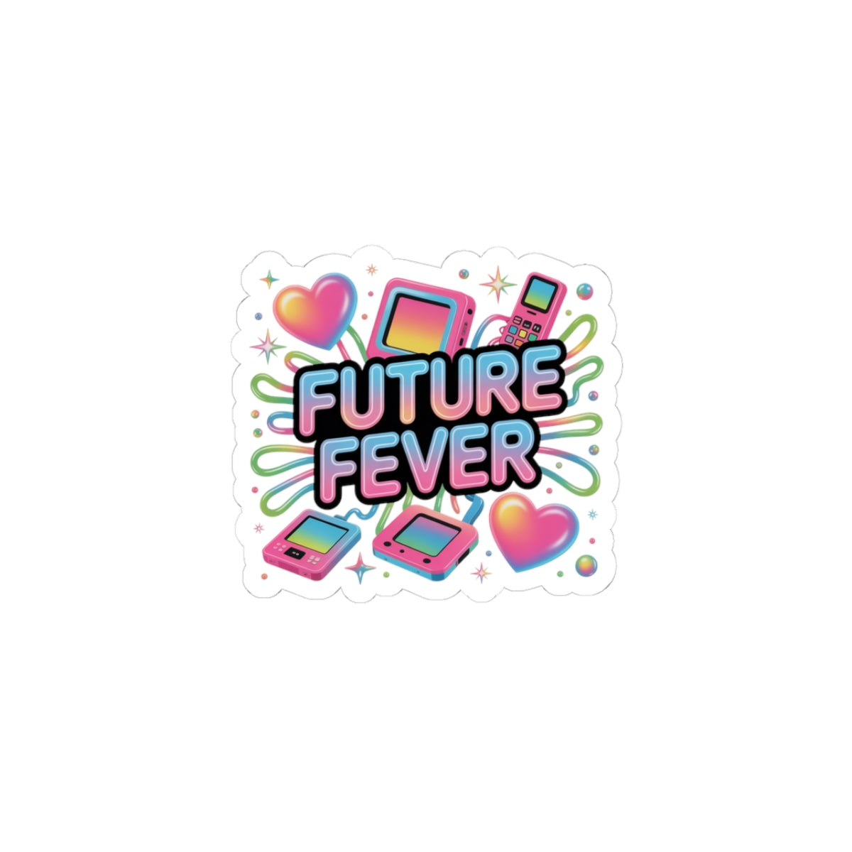 Future Fever Sticker | Y2K Cyber Holo, retro tech chrome text